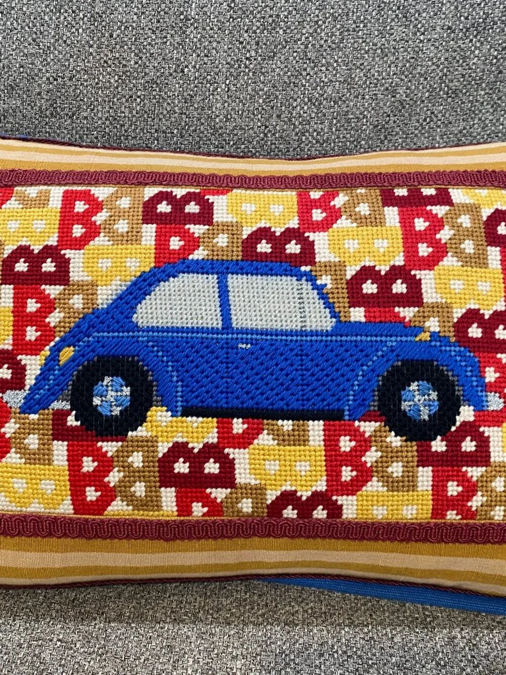 Handmade Blue VW Beetle Car Needlepoint Throw Pillow Goose Down Feather 18”x12”